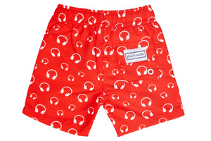 Boys - Red and White Headphone Print Matching Swim Shorts