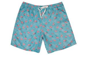 Mens - Green and Pink Flamingo Print Matching Swim Shorts