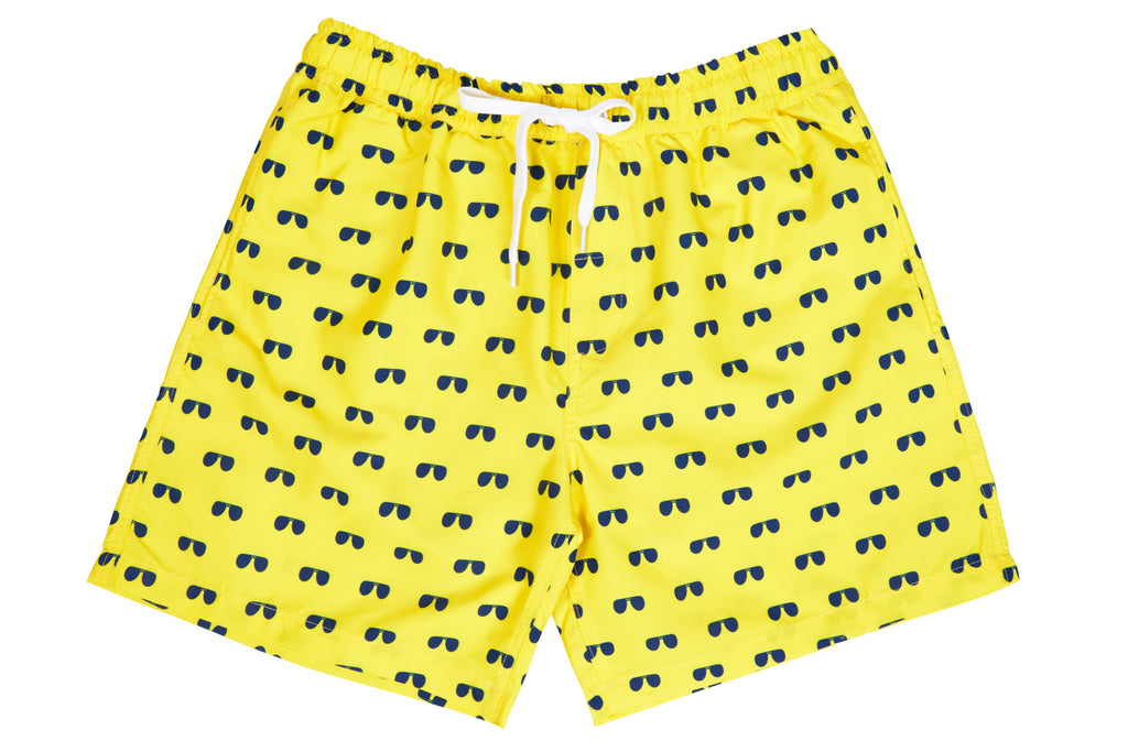 Mens - Yellow and Navy Aviator Print Matching Swim Shorts
