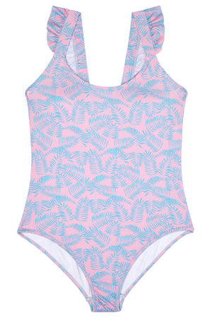 Ladies Pink and Turquoise Palm Leaf Swimsuit