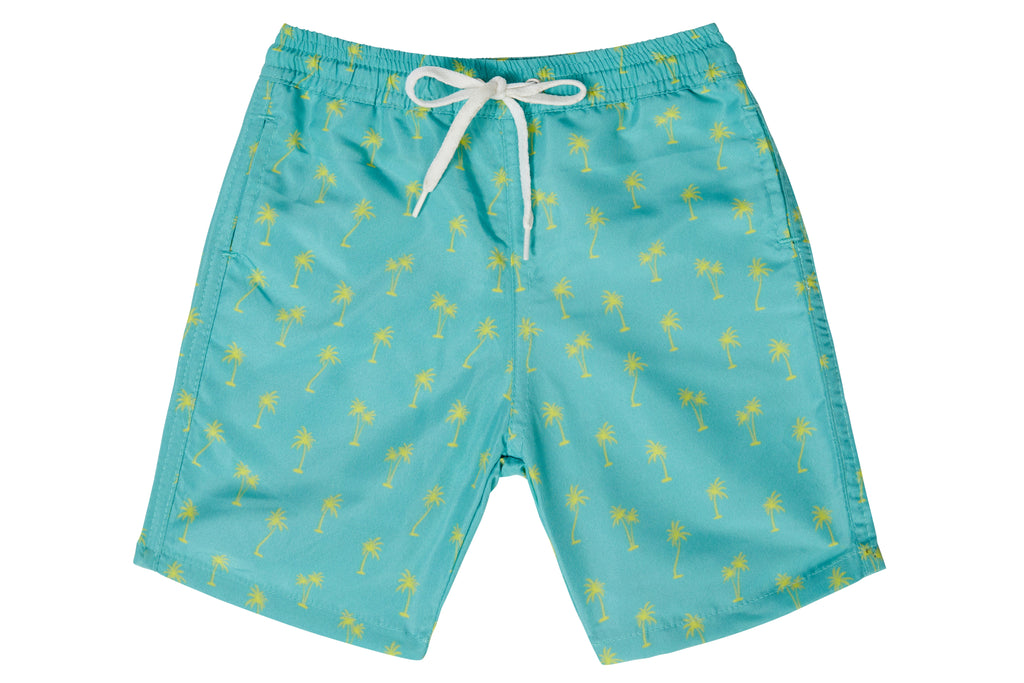 Boys - Green and Yellow Palm Tree Print Matching Swim Shorts