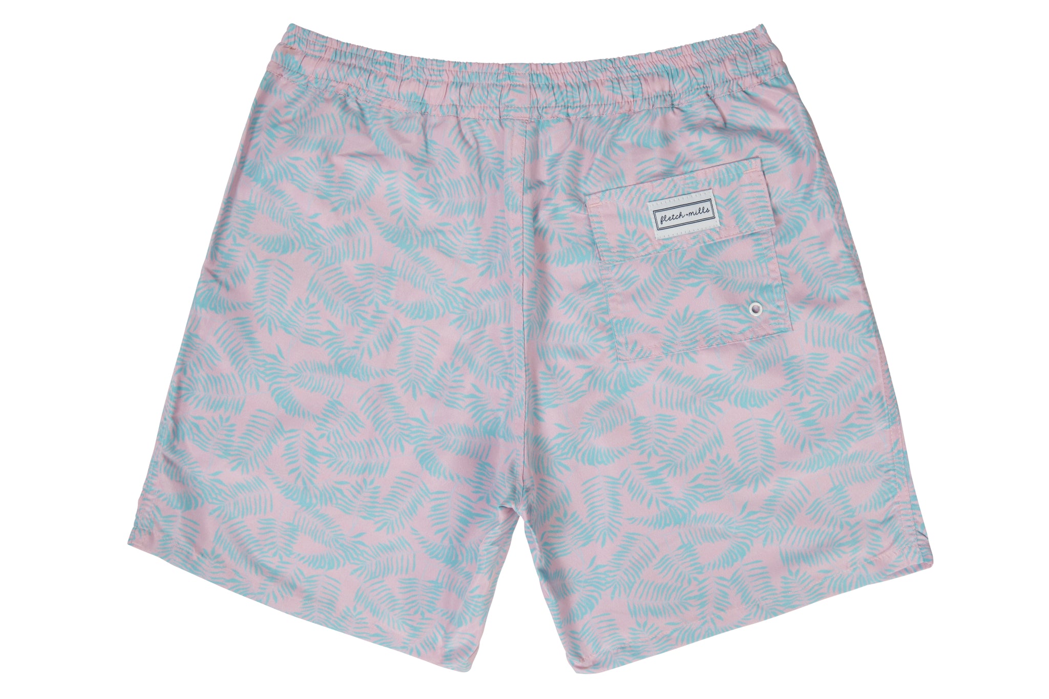 Mens - Pink and Turquoise Palm Leaf Print Swim Shorts
