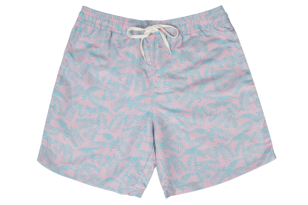 Mens - Pink and Turquoise Palm Leaf Print Swim Shorts